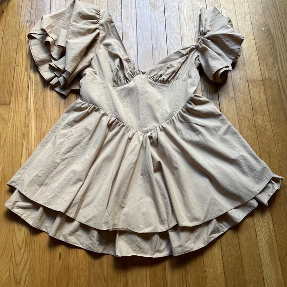 Asos Luxe Size 14 NEW Beige Cotton One Shoulder Dress w Corset Detail & Ruffles - Picture 12 of 16